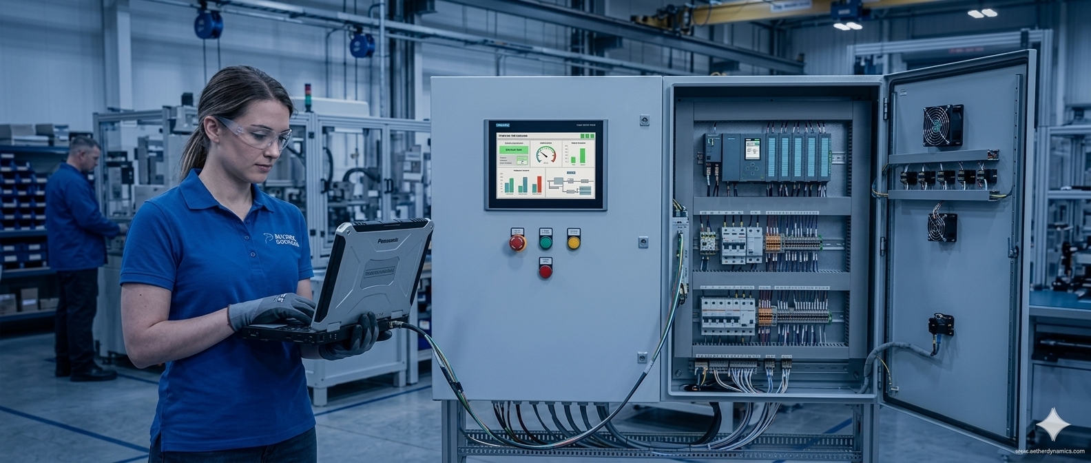 Automation engineer commissioning an industrial control panel